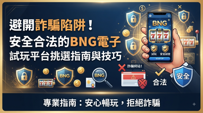 這張SEO文章縮圖以深藍色科技感為背景，左側醒目展示繁體中文標題「避開詐騙陷阱！安全合法的BNG電子試玩平台挑選指南與技巧」。 畫面右側結合了手機上的BNG老虎機試玩畫面、安全防護盾牌以及防詐騙標示，整體風格專業且具警示性。